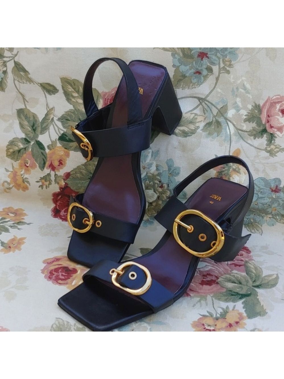 Zara Women's Black and Gold Tone Block Heel Dress Sandals Size EU 40 US 9